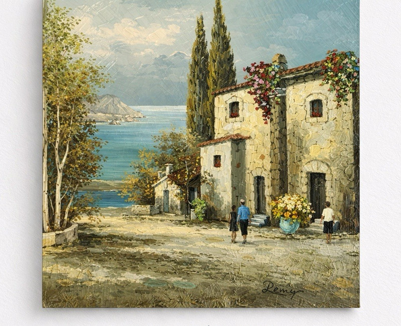 Vintage Oil Painting Mediterranean Villa Landscape Signed Impasto Coastal Art
