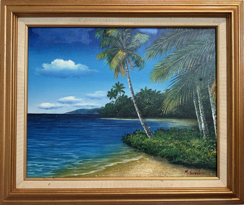 Tropical Beach Oil Painting Signed M Gordon, Palm Tree Seascape, Caribbean Coast