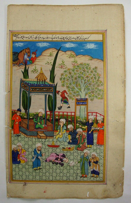 Rare Persian Miniature Hand-Painted Watercolor Art on Antique Papery Paper
