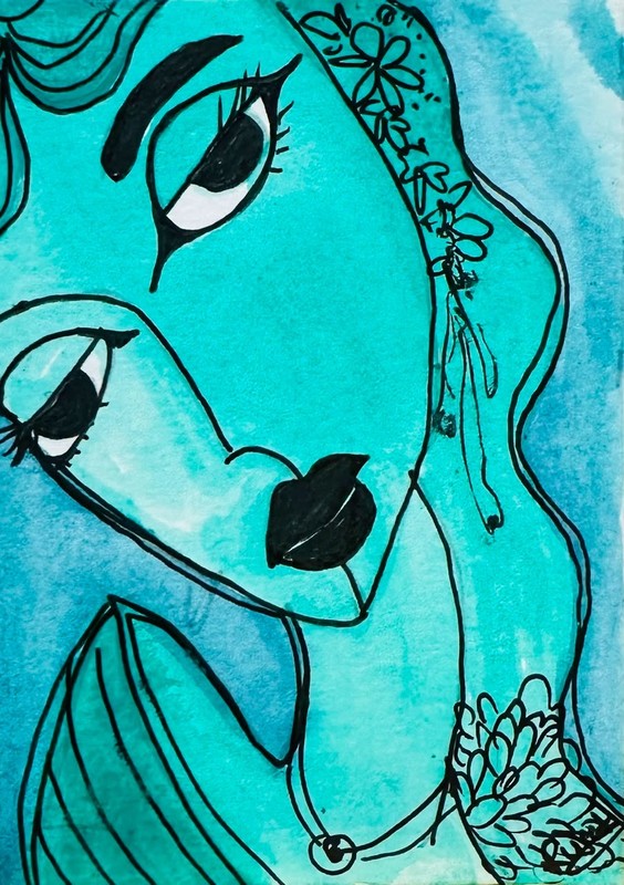 Blue Abstract Woman Face Portrait Original ACEO Watercolor Art OOAK Painting New