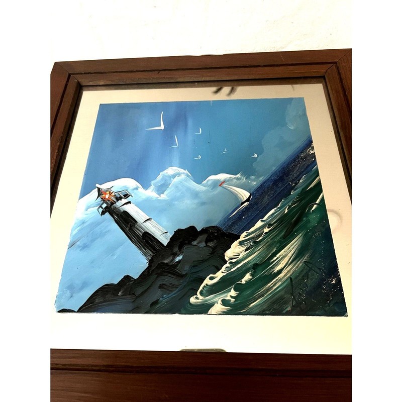 RARE 1996 Lighthouse Scene Painted on Mirror Signed Art Piece by Tom Dunham gallery
