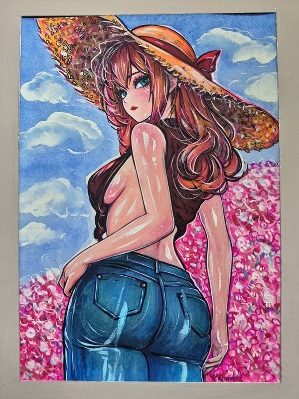 Original Anime Style Painting Sensual Female Portrait Summer Hat Girl Handmade
