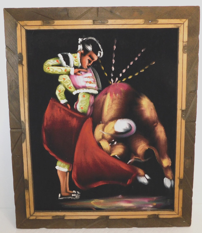 Vintage MCM Black Velvet Matador Bull Fighting Painting With Wood Frame 23”x 19″