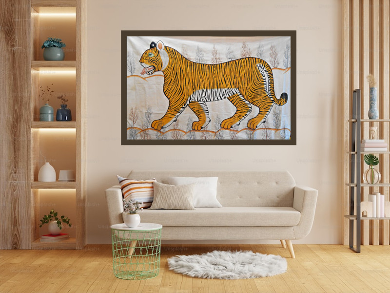 Huge Tiger Painting Original Indian Folk Art Cotton Canvas Wall Decor 106x69 In gallery