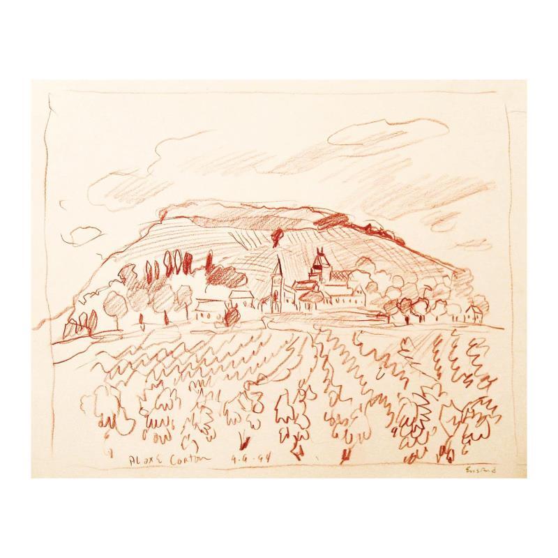 Wayne Ensrud «Aloxe-Carton, Burgundy» Pencil Original Artwork; Hand Signed; COA