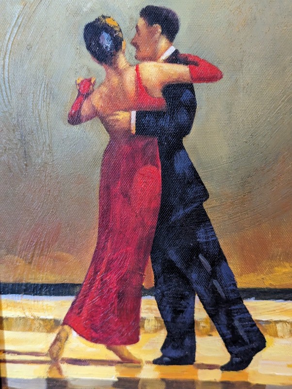 Oil Painting-Glamorous Couple Dancing on a Beach-Framed-Signed «M Harold»-C Desc
