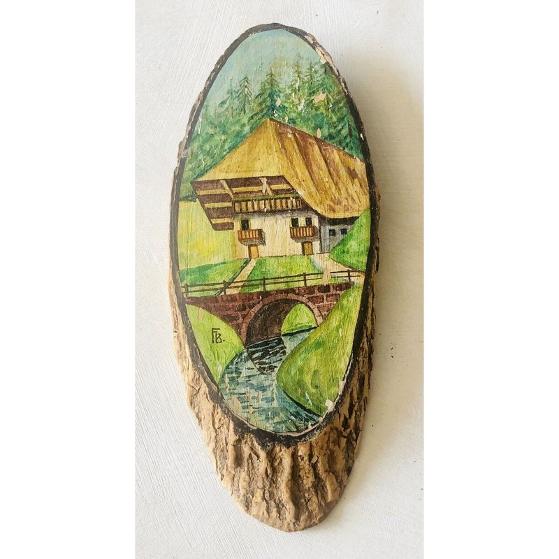 Vintage Painting On Wood Slice Rustic Cottage In Woods Stone Bridge Over Creek