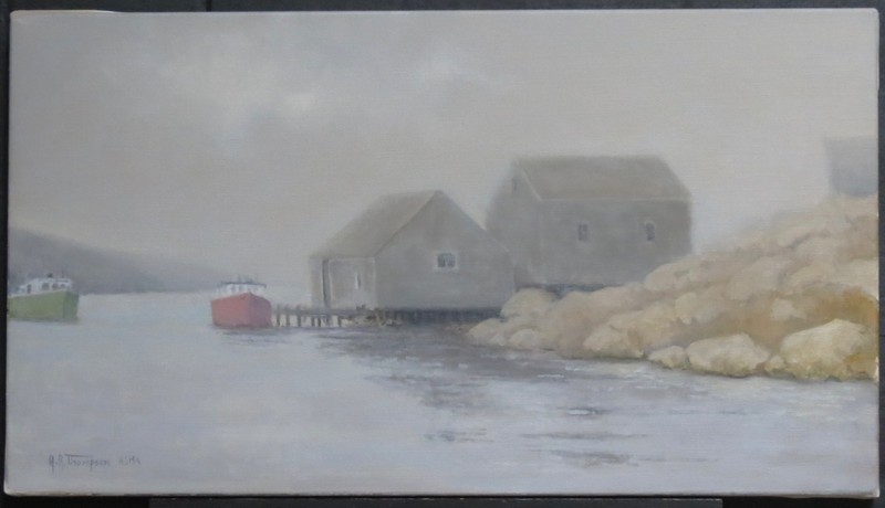 A. THOMPSON ORIGINAL OIL PAINTING NAUTICAL SEASCAPE BOATS PEGGYS COVE FOG