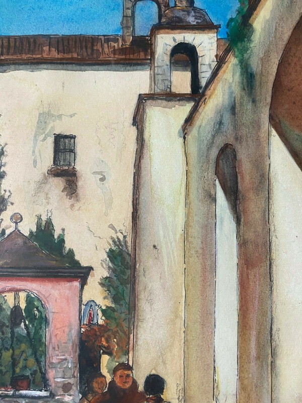 Painting Alley Mediterranean Fountain Women Signed After Achenbach Antique Frame gallery