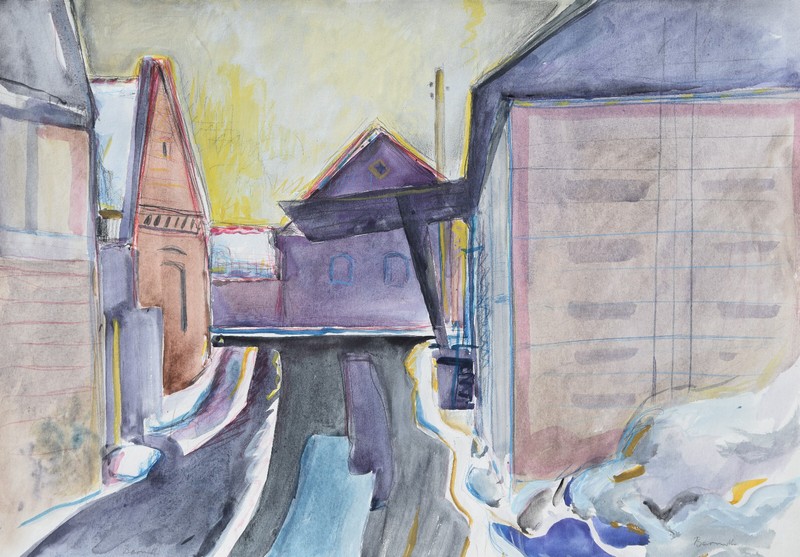 Peter Berndt 1937-2021 Berlin / Aquarell ~1990 / Dorfstraße Winter Brandenburg