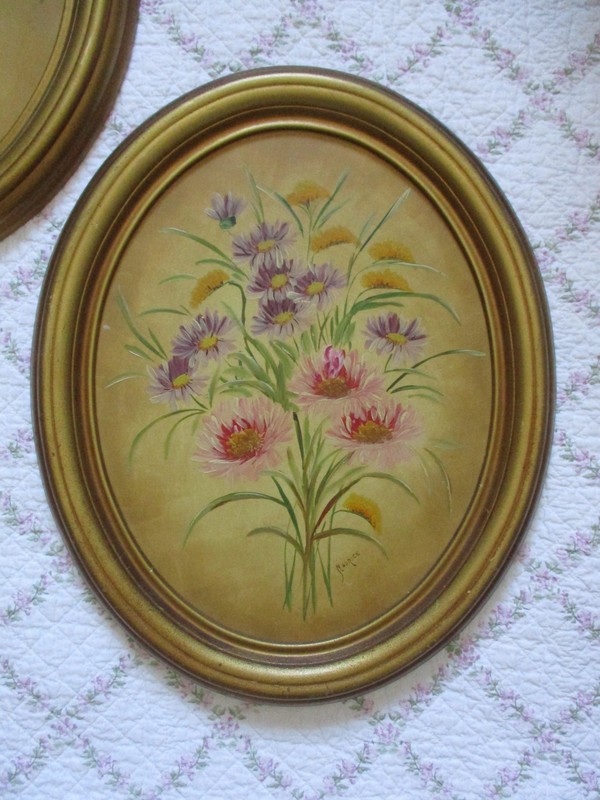 Vintage Oil Painting Set Antique Framed Oval Floral Flowers Still Life gallery