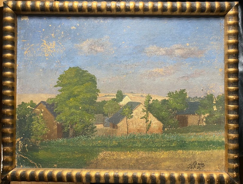 ::OIL PAINTING VIEW OF LÖWITZ °TO FIX UP FIELDS BARN MONOGRAM FRAME