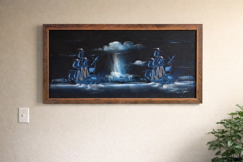 Mid Century Modern Black Velvet Sailing Ships Painting