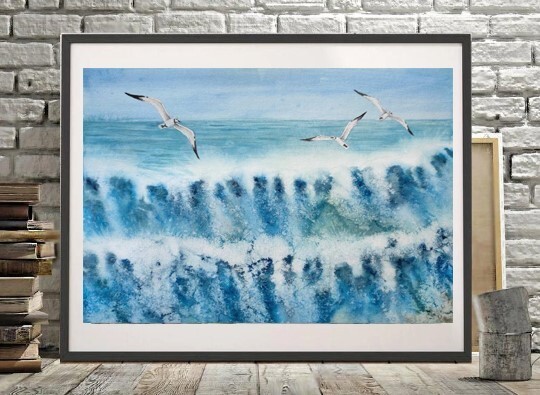 BIRD SEAGALLS SEA WAVES Original Artwork Painting Landscape SKY Seascape Gift A4 gallery