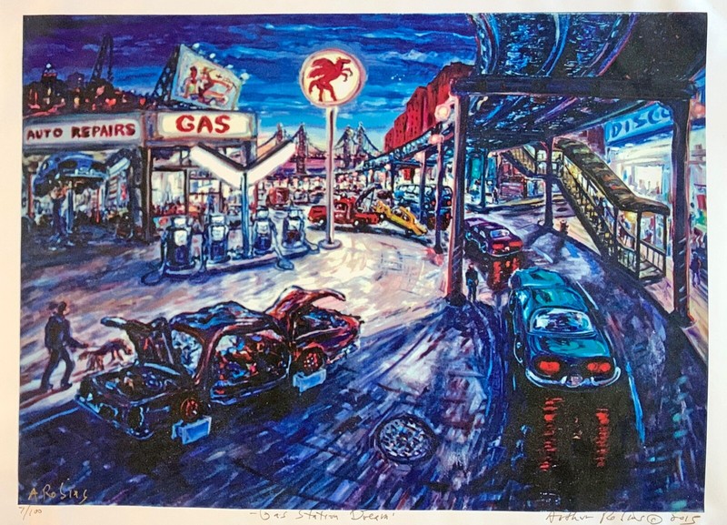 GAS STATION DREAM Original Print Arthur Robins Oil Painting NYC subway cars taxi gallery