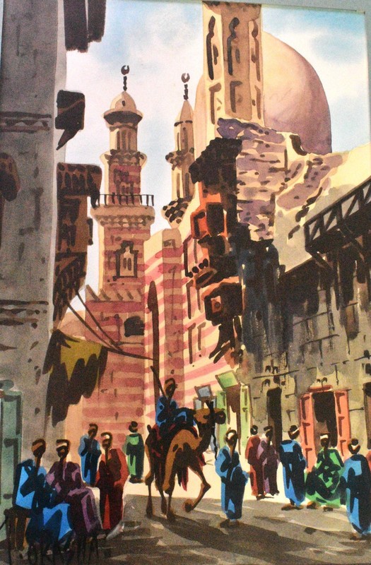 Kalawoon Mosque & Market Original Framed Watercolor Painting by M. OKASHA Egypt