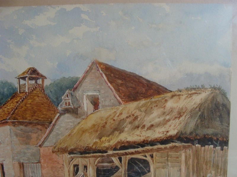 Antique 1895 Radclive Bucks Farm Barn Chickens Landscape W/C Painting gallery