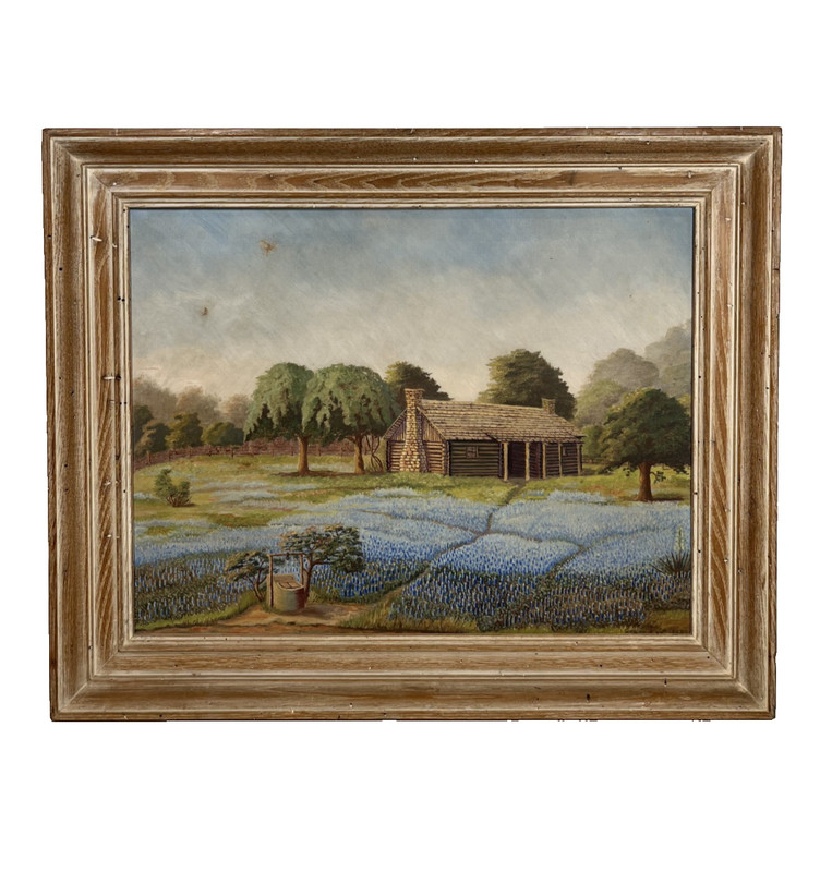 GRACE LAY BLUEBONNETS TEXAS LANDSCAPE LOG CABIN VINTAGE ORIGINAL OIL PAINTING