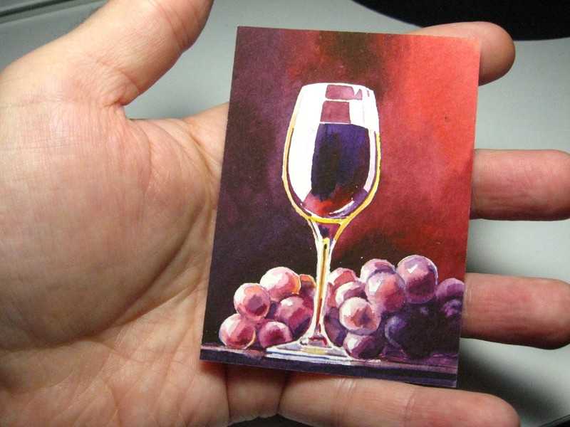 Watercolor Painting Red Wine Drink Glass Bottle Bar Grapes ACEO Art Auction gallery