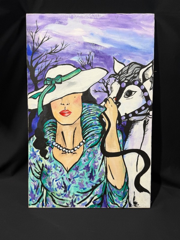 Original Folk Art Canvas Painting Woman in Hat White Horse Purple Sky 18×28″