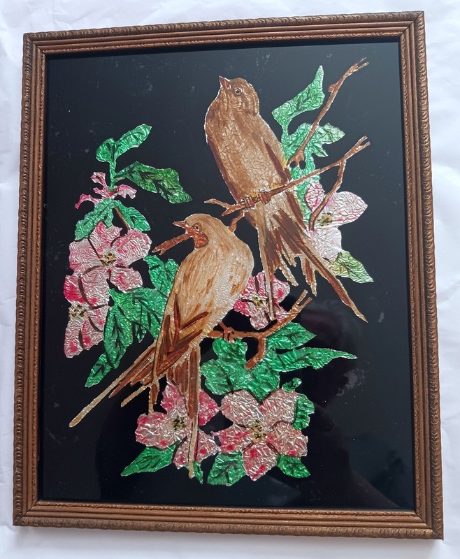 Tin Foil Art Birds Pair of Vintage Framed Folk Art gallery