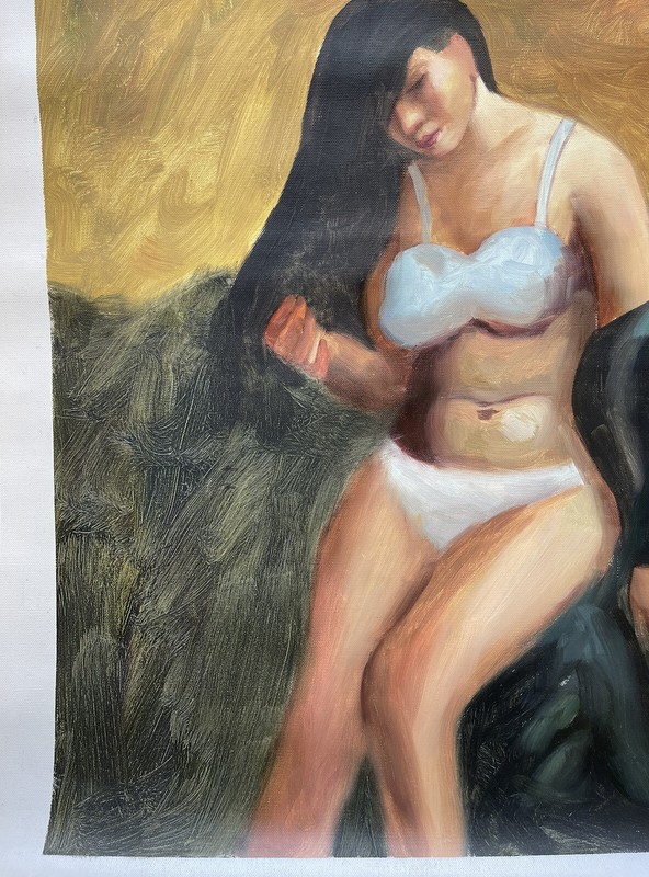 Potrait Woman Brunette Lingerie Realism Oil Painting Original Art 23X19 Unsigned gallery
