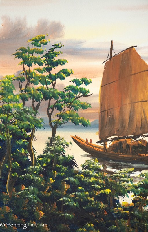 Beautiful Vintage Mid Century South East Asian Junk Boats Landscape Painting 17 gallery