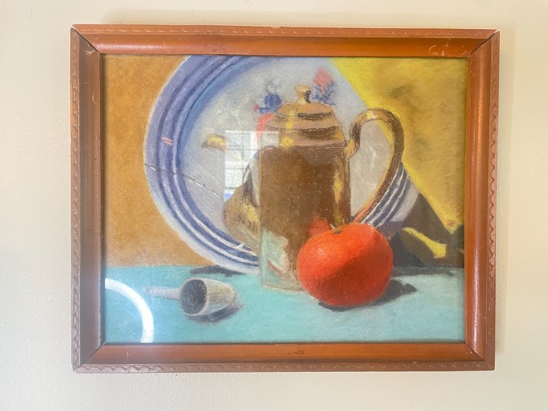 Original Still Life Fruit & Coffee Pot Vintage Framed Art
