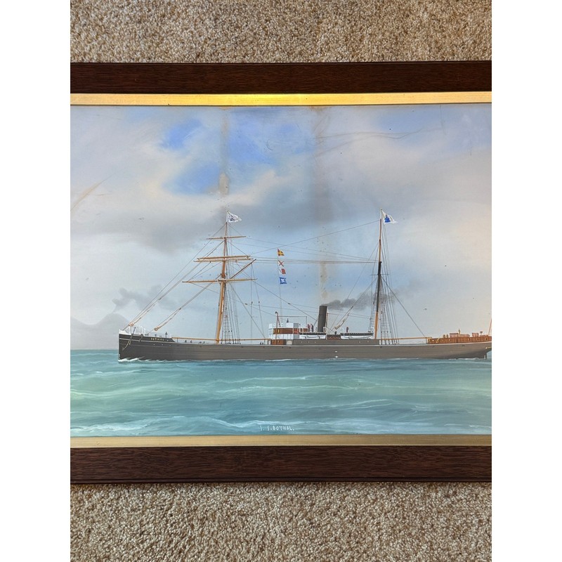 Antique SS Bothal Merchant Steamship Pierhead Portrait Painting Wood Board Back gallery