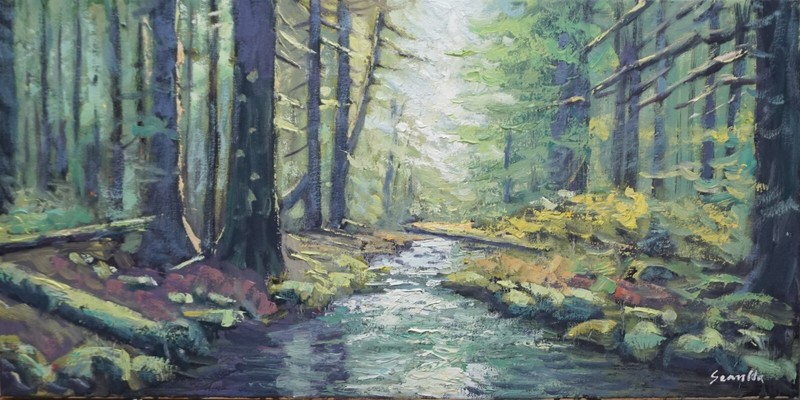 Sean Wu. Landscape, 12×24 original oil on stretched canvas, forest creek