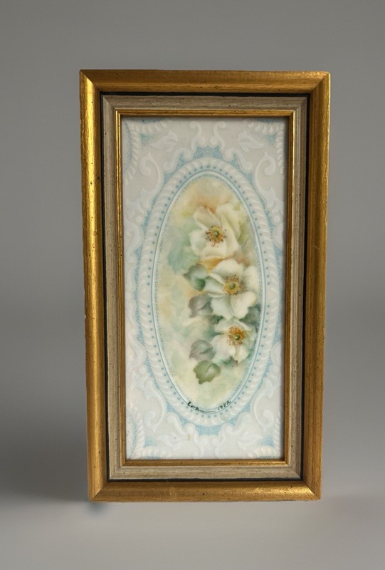 Hand Painted Porcelain Tile•Floral Plaque•Framed Picture Wall Hanging•Farmhouse