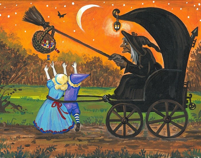 8×10 PRINT OF PAINTING RYTA HALLOWEEN WITCH TRICK OR TREAT BLACK CAT Folk Art 🎃