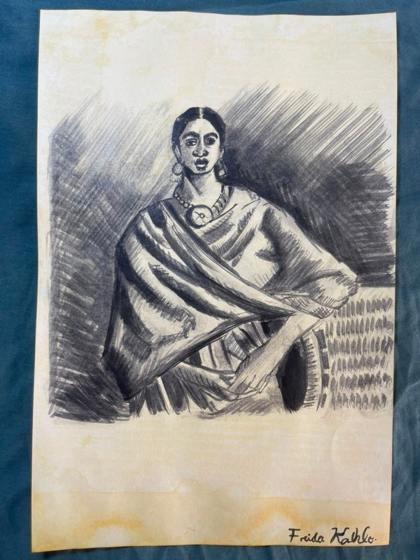 FRIDA KAHLO drawing and painting on old paper signed stamped vintage