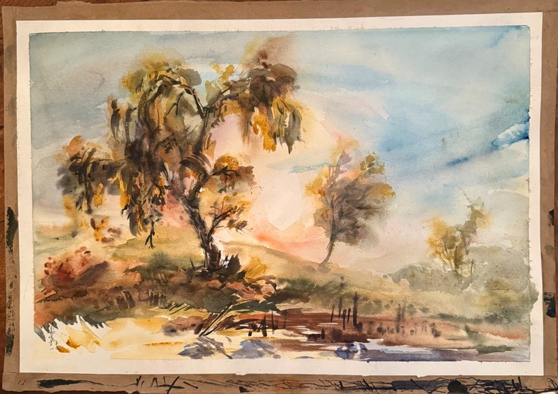Original Mexican Fine Art Watercolor trees sky sunset 1980 signed dated calming