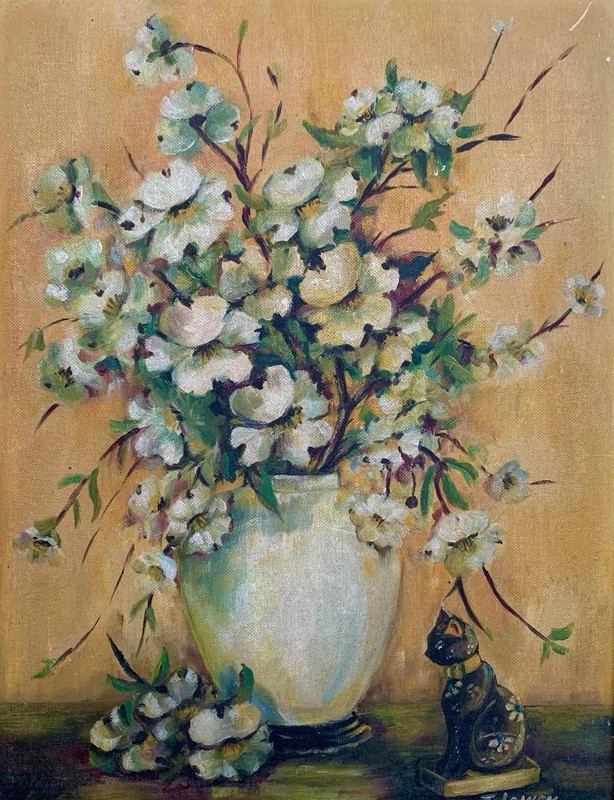 c1950 Floral Still Life Painting Cherry Blossoms Shabby Chic Signed Orientalist gallery