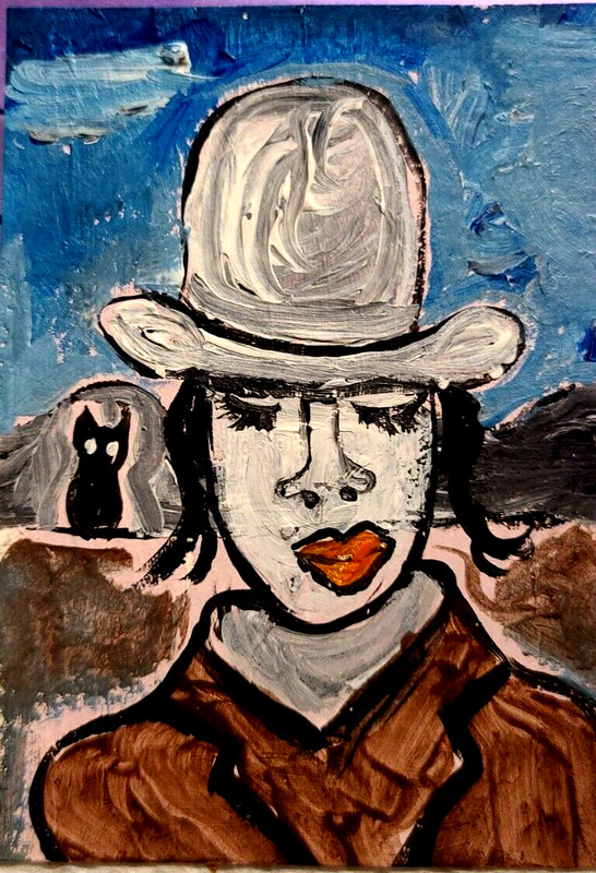 ORIGINAL ACEO PAINTING WOMAN CAT BLACK KITTEN Miniature Card By Carole Collins gallery