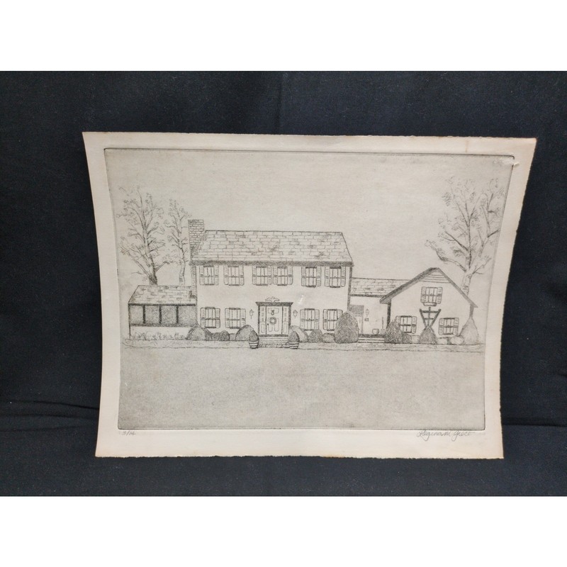 Pen Ink Colonial House Portrait Drawing Signed Framed Original Folk Art Sketch