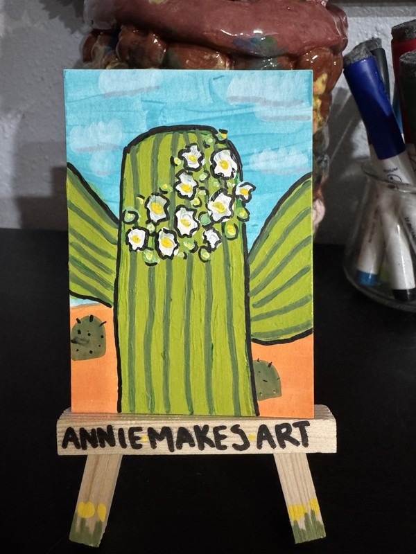 ACEO Original Cactus Desert ATC Flower Bloom Green White AZ NV AnnieMakesArt