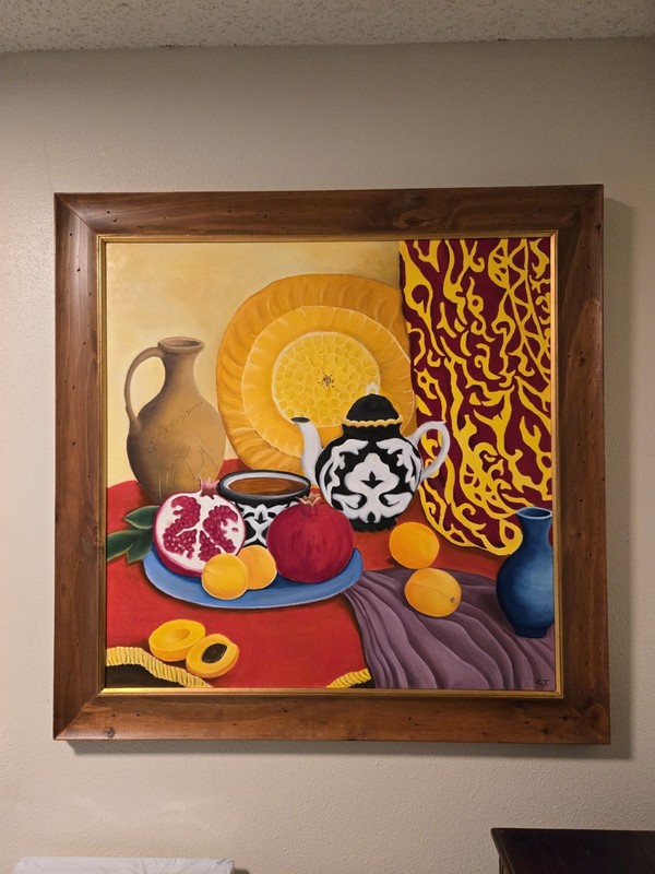 Still Life Asia Fruits Tea Oil Painting 43″×43″ Wood Framed Original Signed