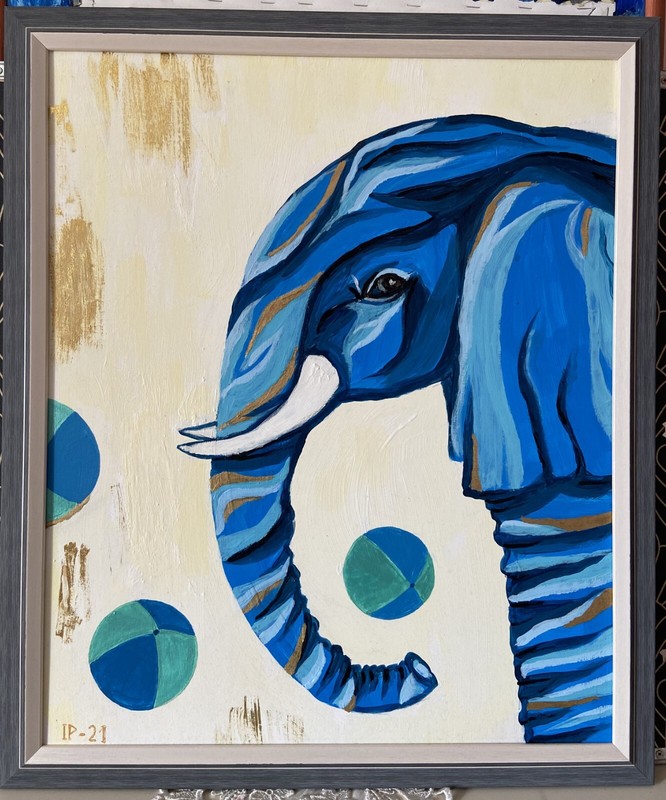 Blue elephant with balls, original acrylic painting gold leaf cardboard signed