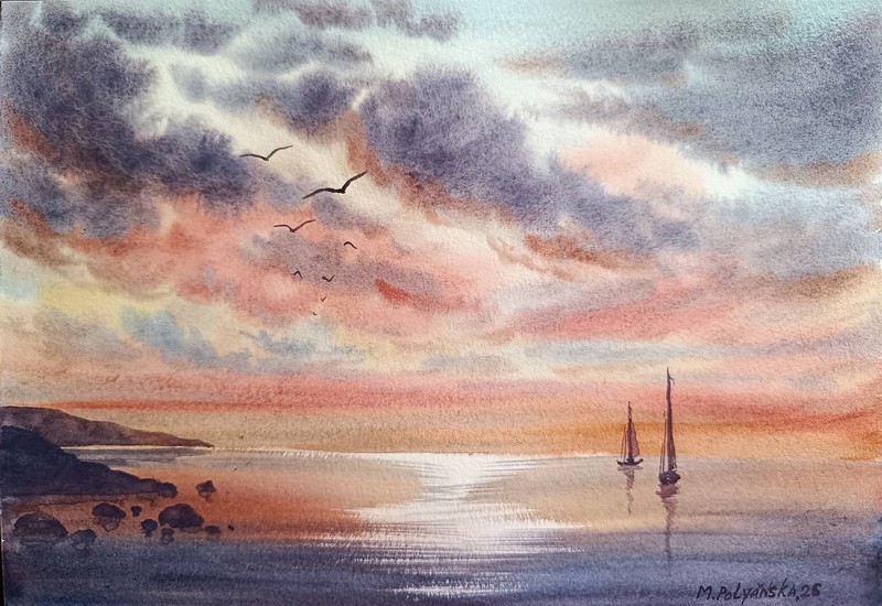 BIRDS CLOUDS SKY BOAT Original Artwork Painting Landscape Arts Seascape Gift A4 gallery