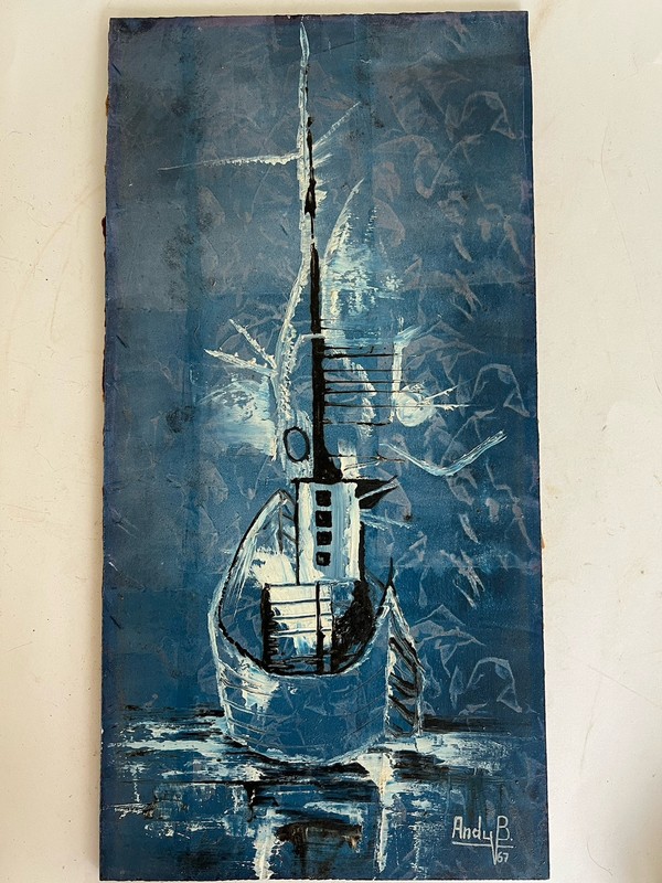 VTG MCM Signe 1967 ANDY B Blue Abstract Fish Ship Vessel Thick Palette Oil Paint