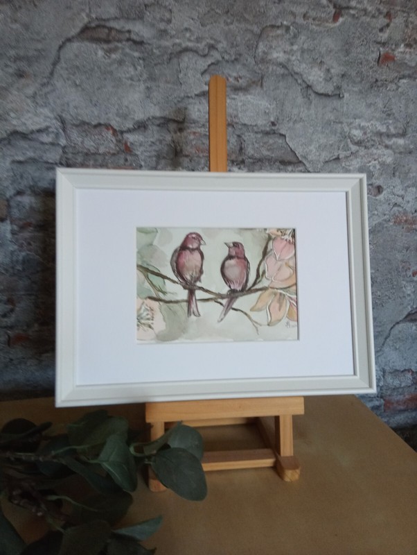 watercolours original signed, pair of birds, flower branch, spring picture with flowers
