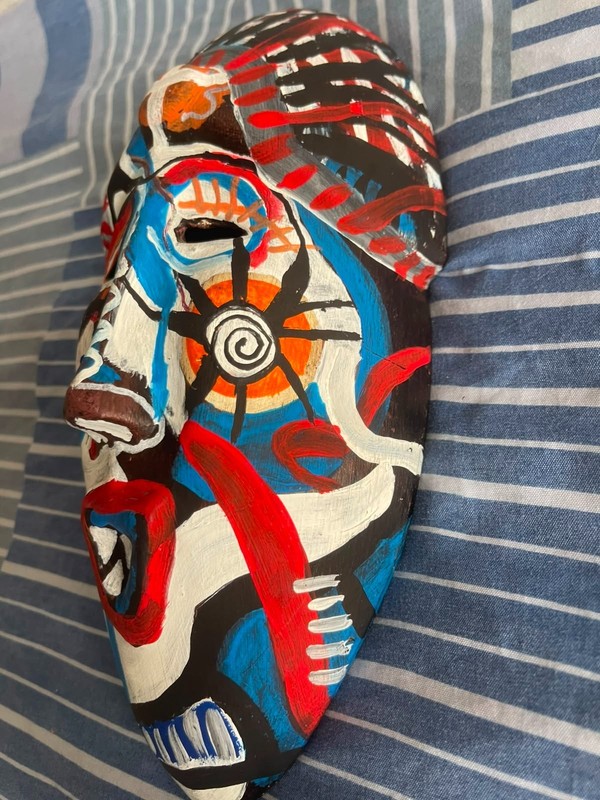 BASQUIAT, DRAWING AND PAINTING ON AN ANCIENT MASK, SEALED AND SIGNED gallery