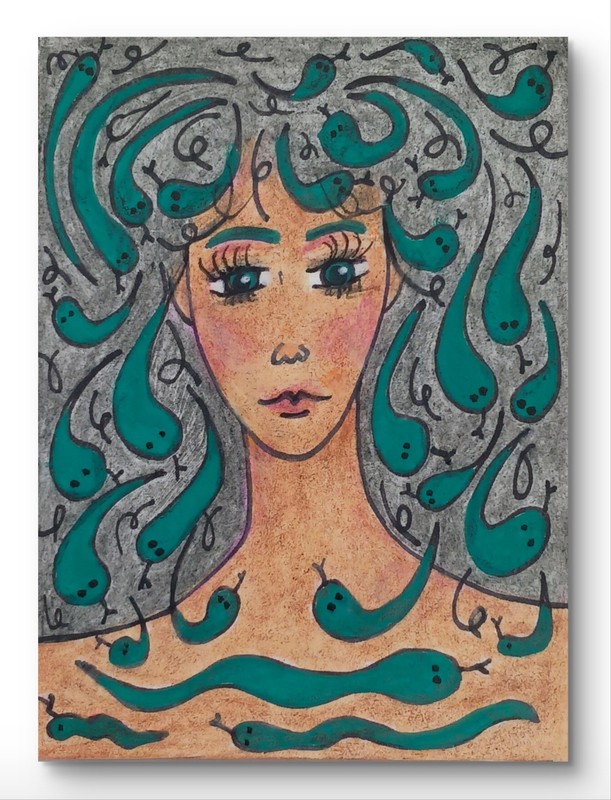 ACEO Original Brunette Woman Medussa Green Eyes Paint & Pencil by Charlene Slie