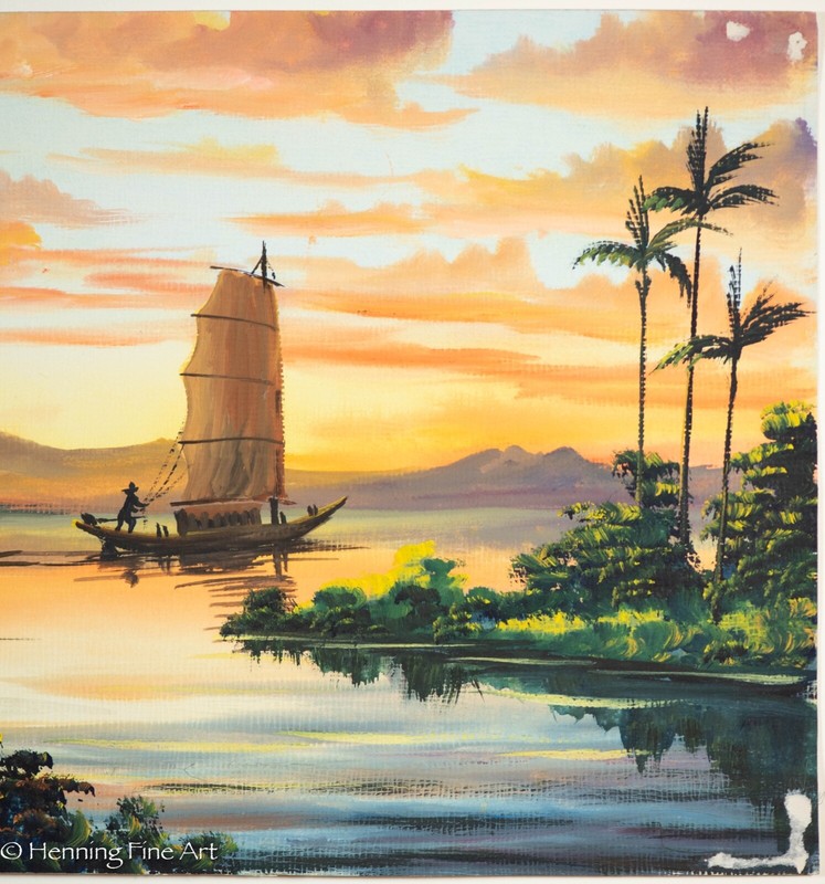 Beautiful Vintage Mid Century South East Asian Junk Boat Landscape Painting 2 gallery