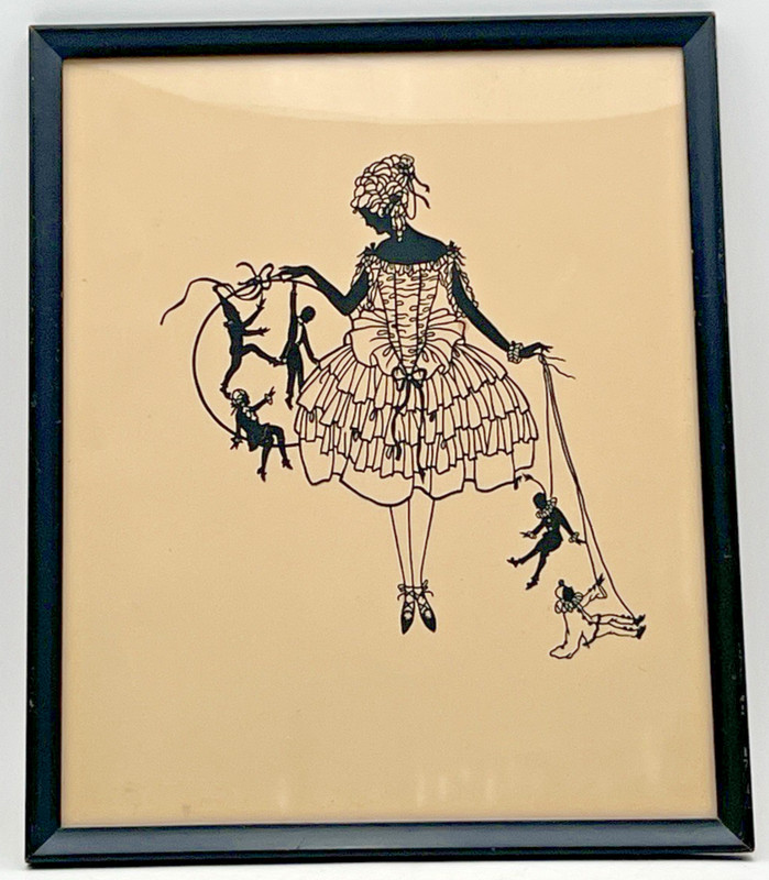 SILHOUETTE ART PAPER CUTS WOMEN WITH PUPPETS PUPPETEER 12-3/4″ X 10-3/4″ VINTAGE