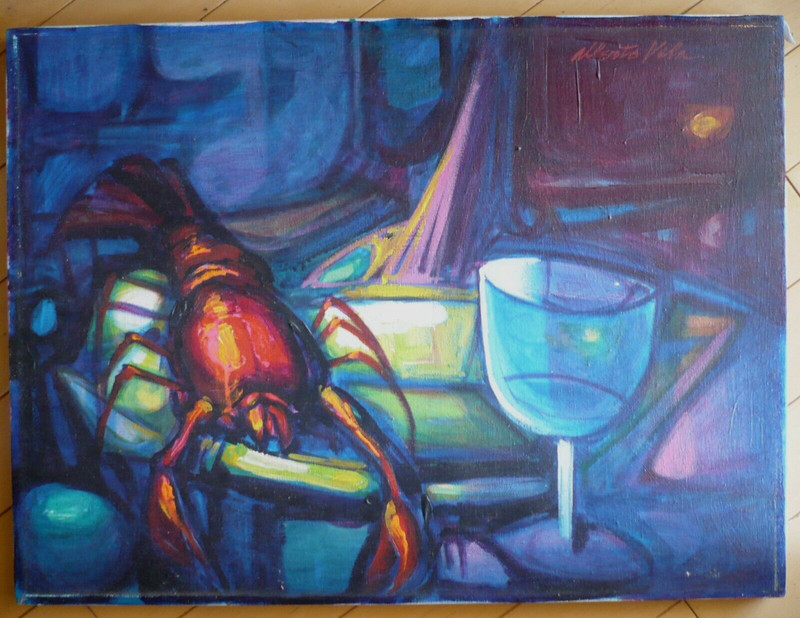 ALBERTO RUIS VELA, LISTED MODERN MODERNISM LOBSTER COLORISM VINTAGE OIL PAINTING