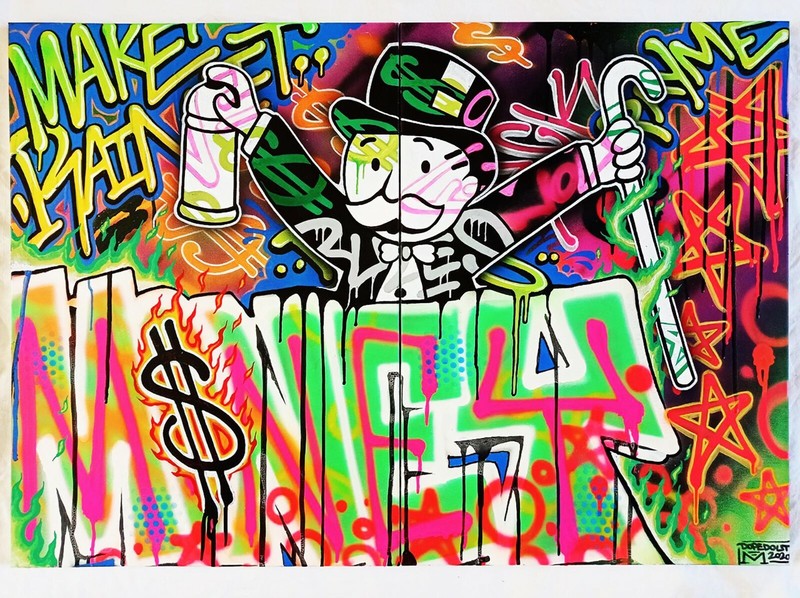 DOPEDOUT M, «Make it Rain/Money Rules” – Original Acrylic/Spray Paint Diptych