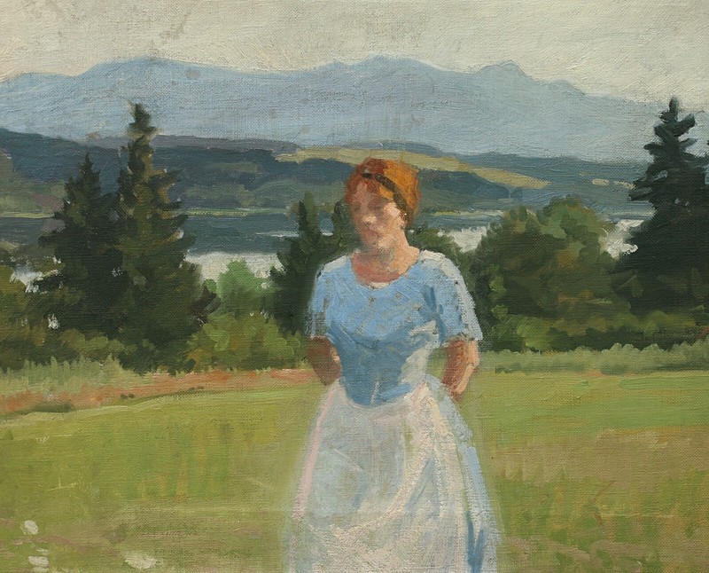 Original Unsigned Oil Painting on Canvas Landscape With Lady, OOAK gallery